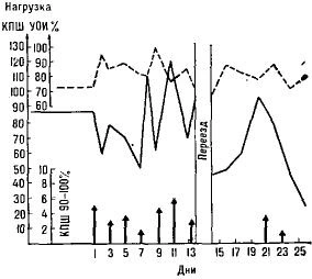 Load scheme of the pre-competition period, variant D: number of lifts, average relative intensity, lifts at 90-100%